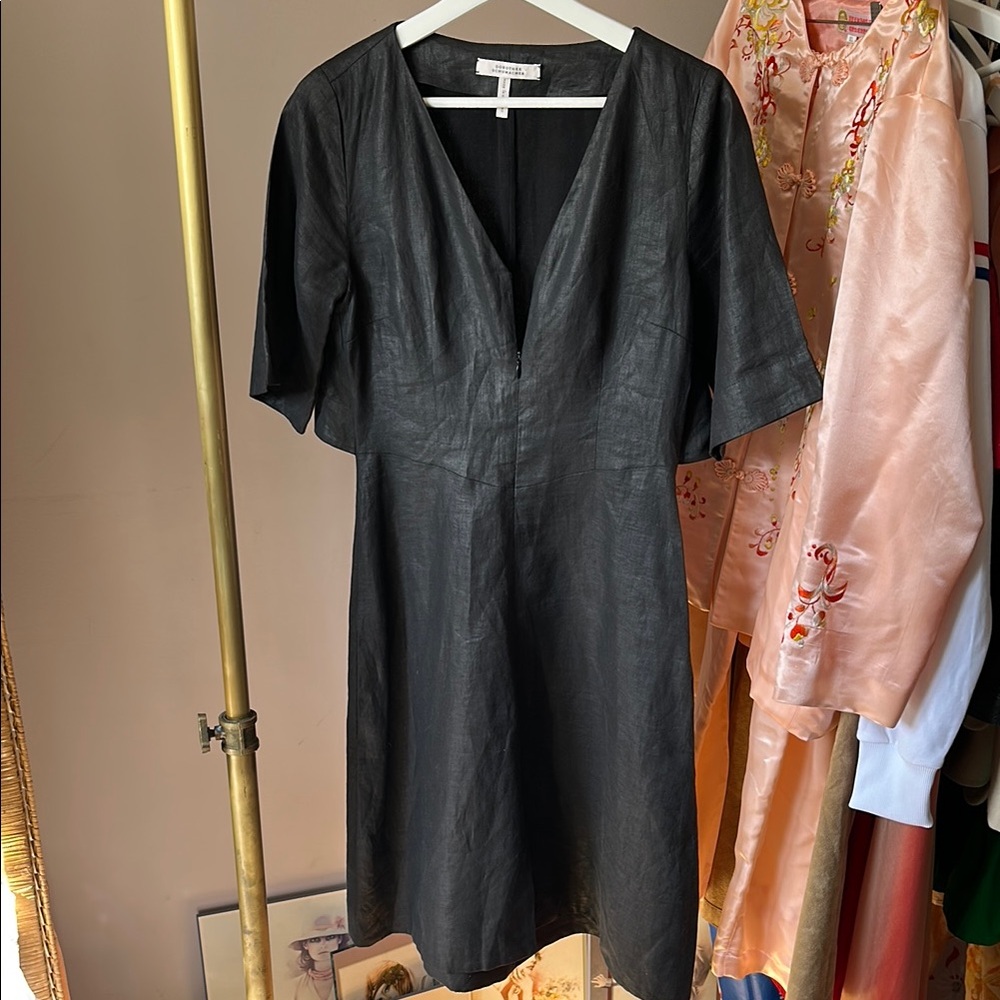 Dorothee Schumacher Elegant Black V-Neck Linen/Silk Dress Size 2